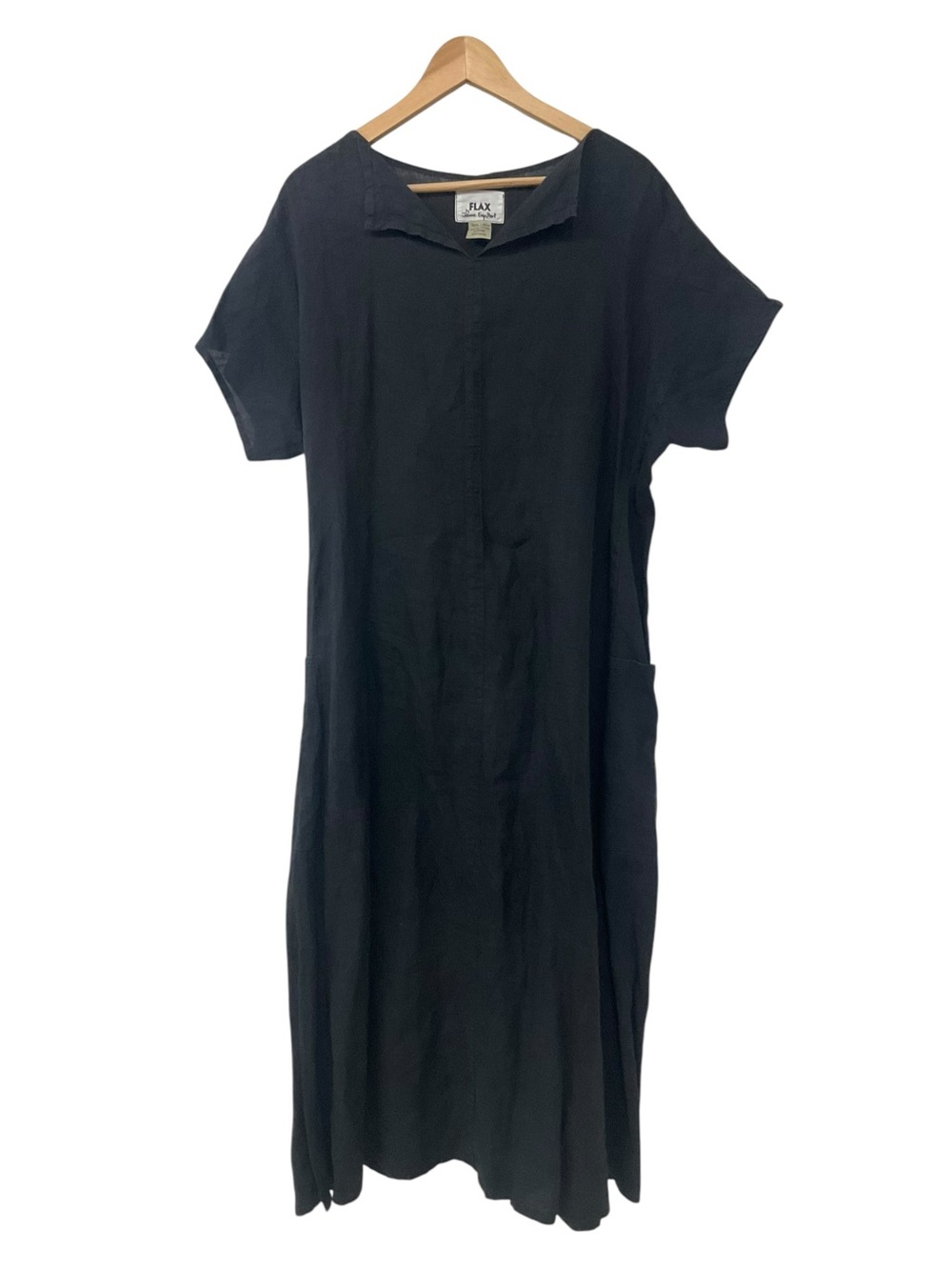 Vintage 90s FLAX by Jeanne Engelhart Black Linen Short Sleeve Maxi Dress L
